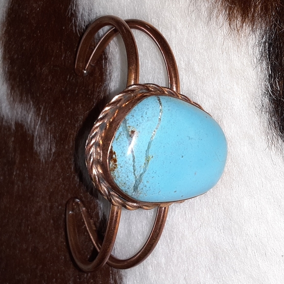 Navajo Turquoise Stone Copper Bracelet Cuff David Umpleby - Picture 6 of 7